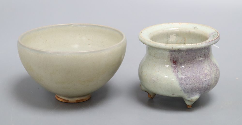 A Chinese three footed censer and a bowl, diameter 12cm